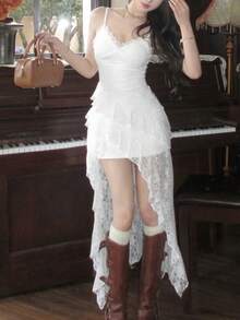 夏季V领荷叶边下摆甜美柔软不规则优雅Y2K性感女士生日派对夜店迷你紧身露背连衣裙，女士假日晚宴蕾丝吊带裙，时尚仙女裙设计 - 白色 - 查看 4