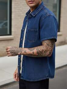 Y2K Men's Summer Casual Fashionable College Street Commute Pocket Denim Short Sleeve Shirt (T-Shirt Not Included) - Blue - View 2