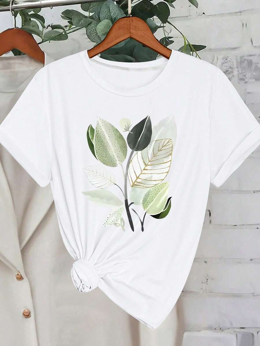 Áo thun ngắn tay Howell họa tiết thực vật mùa hè, họa tiết hoạt hình, kiểu dáng thường ngày, phù hợp cho nữ cỡ lớn, áo thun du lịch, áo trắng. - trắng - Xem 1