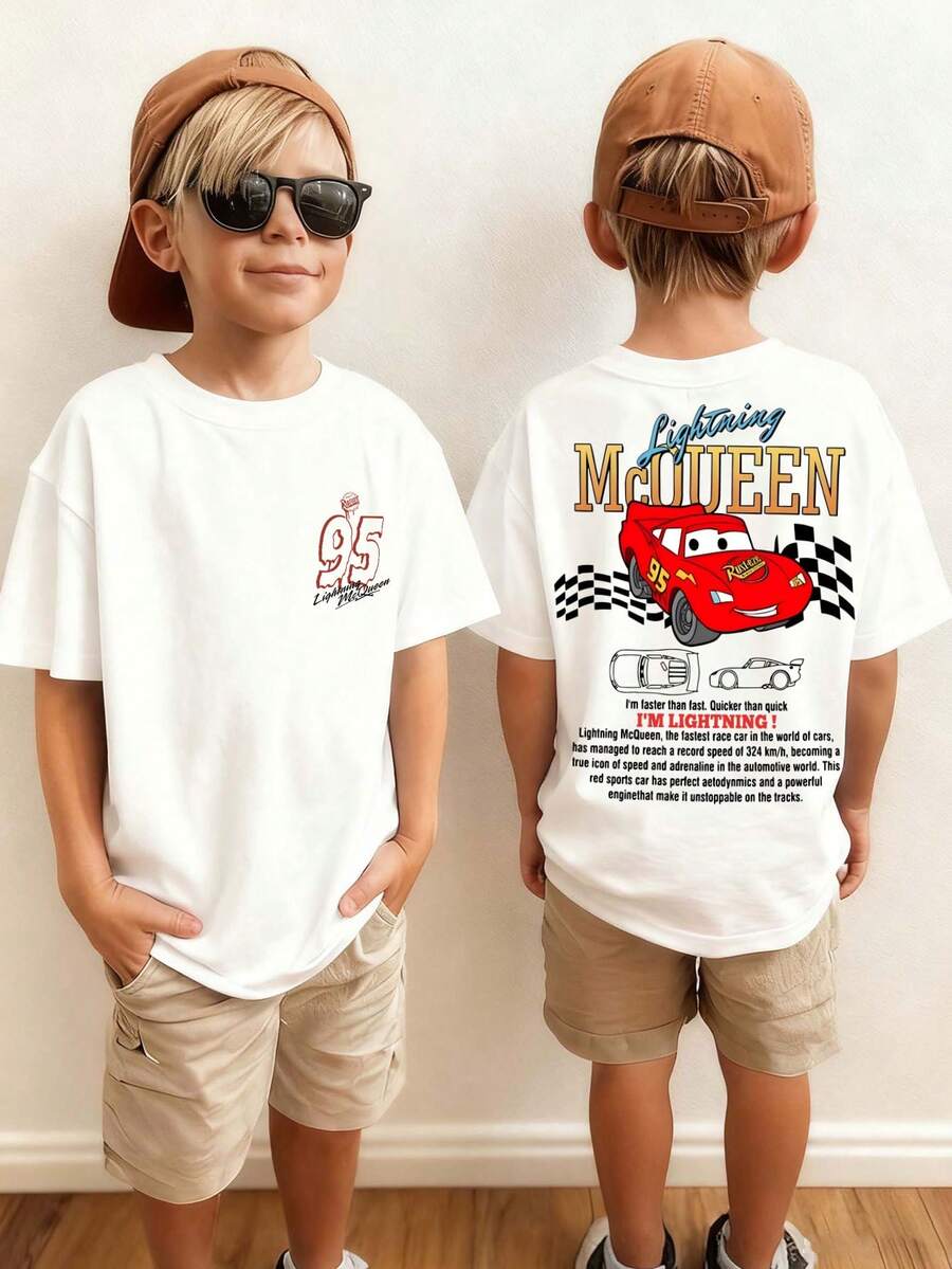 Disney Cars Lightning McQueen Kids' Tee, Double-Sided Print Cool Kids' Wear - 白色 - 查看 1