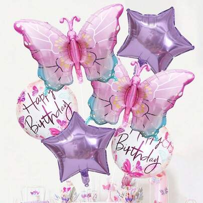 Set de 5 globos de aluminio con diseños de mariposa rosa, bola redonda y estrella de cinco puntas, adecuado para decoración de fiestas de cumpleaños, bodas y otras celebraciones
