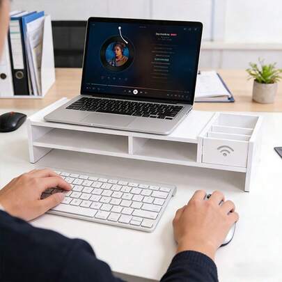1个白色WiFi显示器支架，多功能收纳整理架，适用于办公室和家庭，桌面显示器增高架