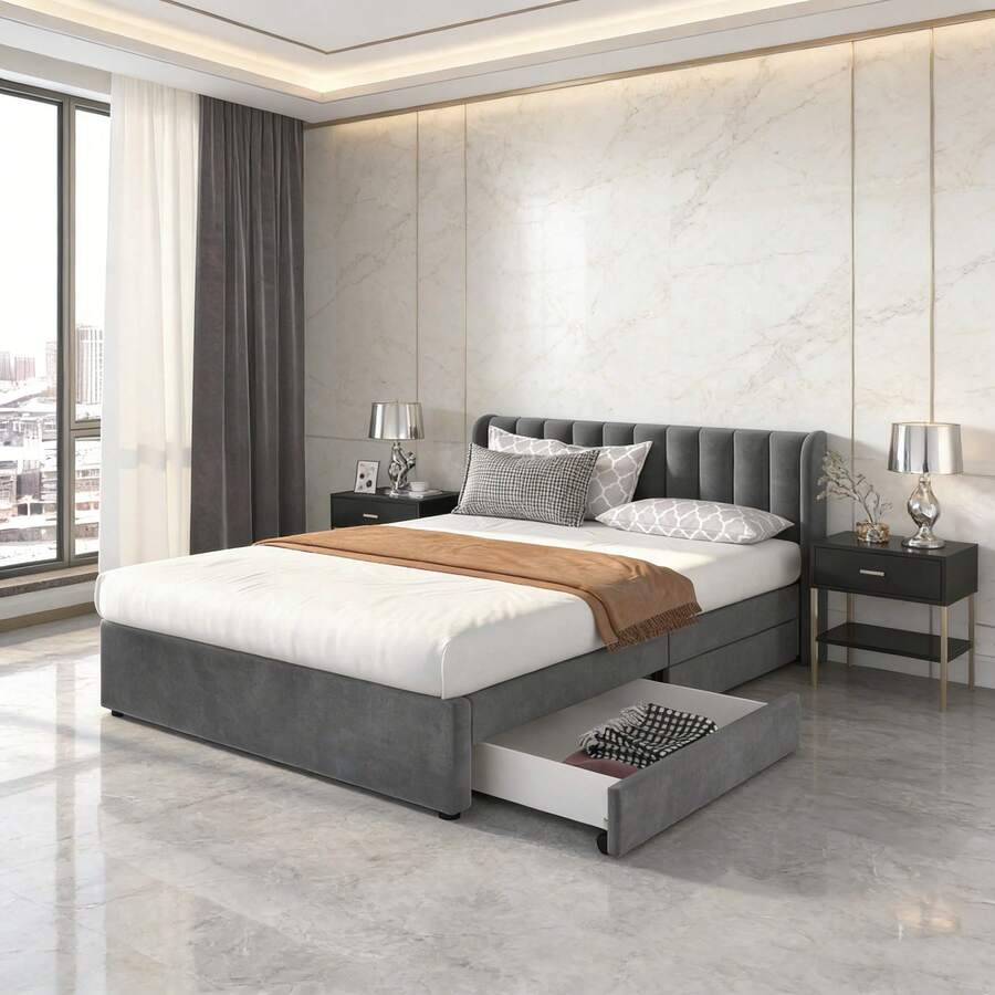 Bed Bases & Foundations - Gray + Velvet + 160cm*200cm - View 1