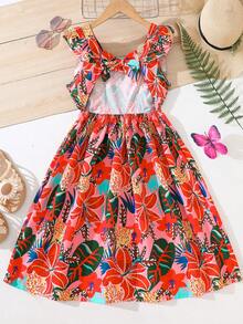 Girls Dress, Bohemian Style Girls Summer Dress, Tropical Floral Print, Square Neckline, Flutter Sleeves, Waist Cinched, Cutout Back, Bow Decor, Suitable For 8-12 Years Old, Vacation, Party, Beach - Red - View 7