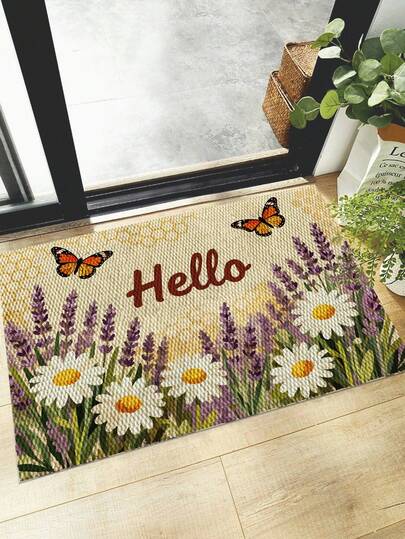 1件装欢迎垫，春日花卉印花门垫，现代风格，涤纶材质，防滑底，可机洗，经久耐用，室内入口垫，厨房垫，户外地毯，客厅、卧室、浴室地毯，房间装饰，办公室装饰