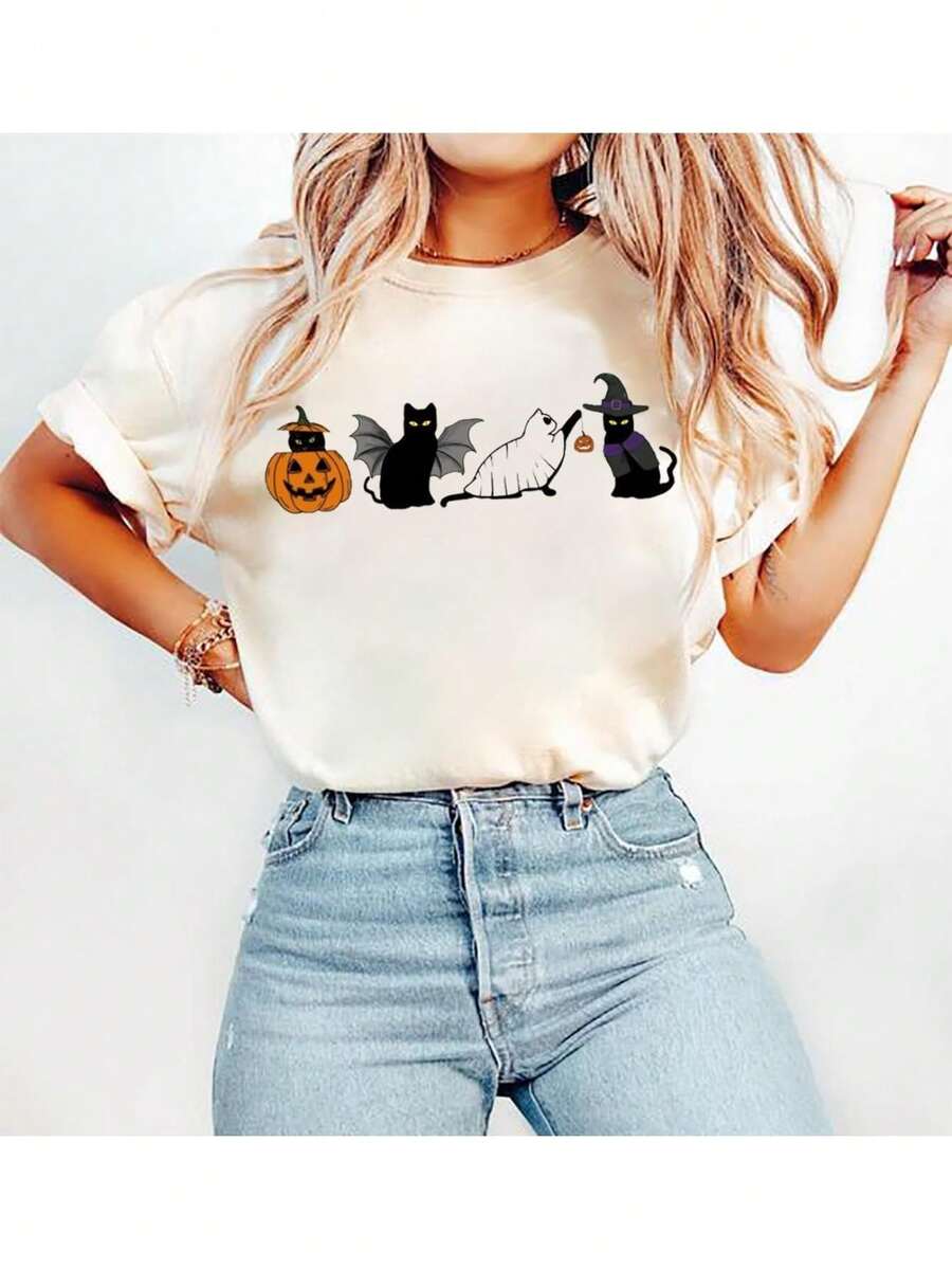 Halloween T-Shirt Ghost Cat Shirt Women Cat Lover Gift Spooky Black Cat Graphic Tees Short Sleeve Fall Tops - Branco - Ver 1