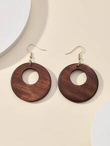 1 Pair Vintage Wooden Hollow Round Pendant Earrings - Brown - View 2