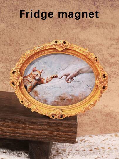 1pc Funny Cat Pattern Fridge Magnet, Wooden Frame Refrigerator Magnet, Home Decor, Interesting Gift!