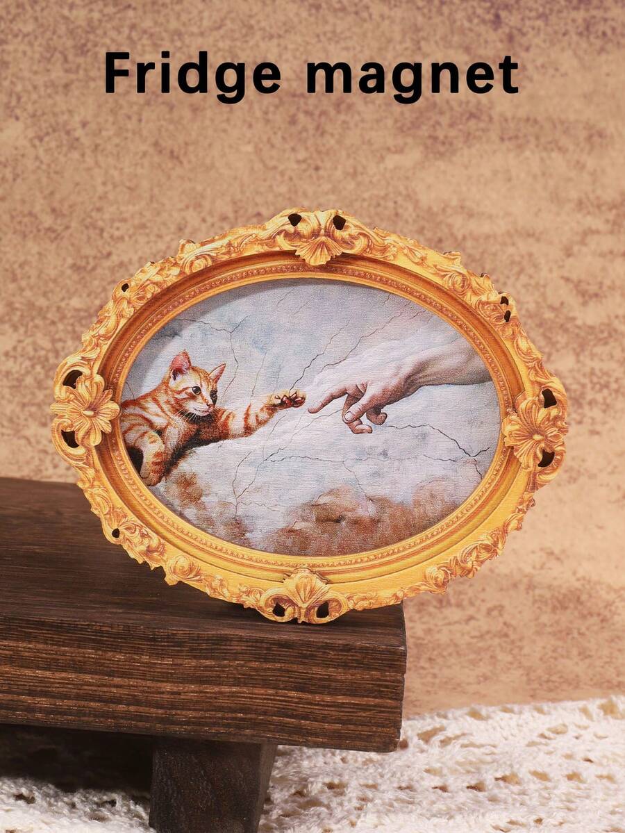 1pc Funny Cat Pattern Fridge Magnet, Wooden Frame Refrigerator Magnet, Home Decor, Interesting Gift! - 1 Piece Of Ancient Greek Cat - View 1