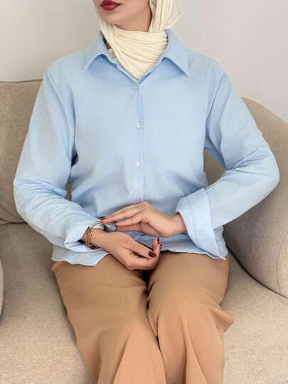 Livesso 纯色纽扣前襟衬衫、长袖上衣