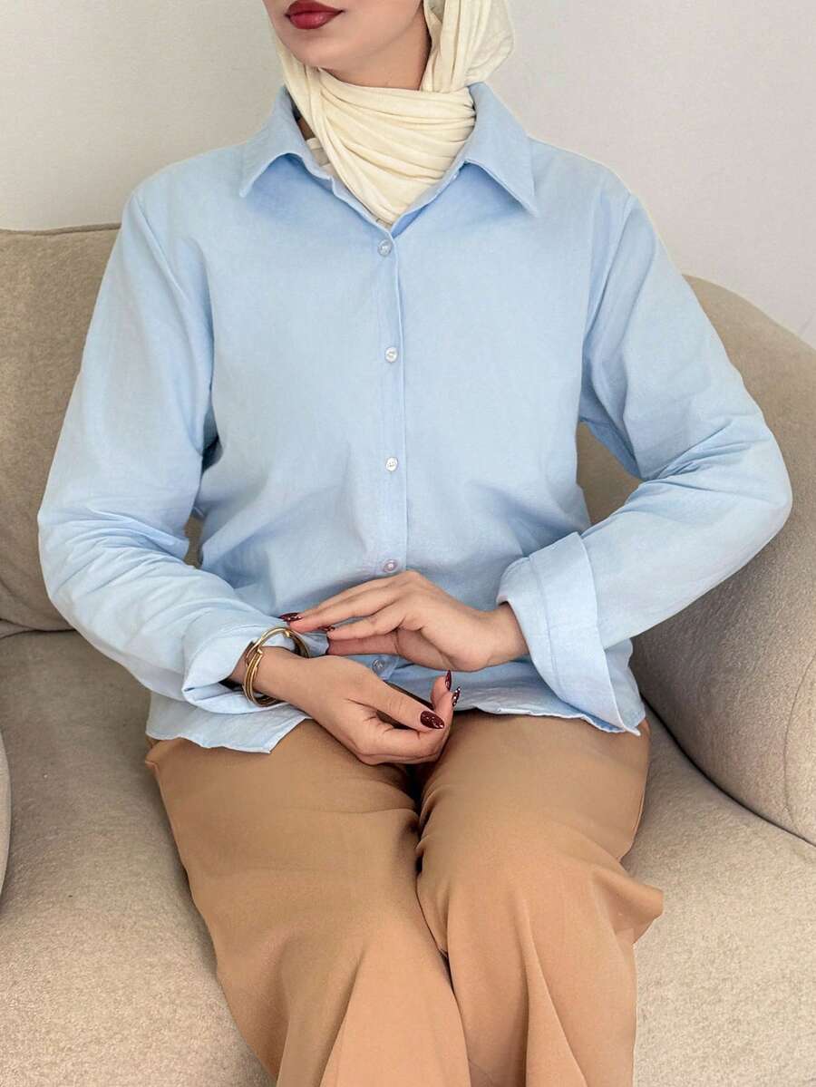 DAZY 纯色纽扣前襟衬衫、长袖上衣 - 藍色 - 查看 1