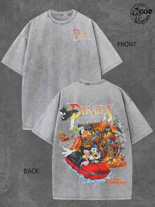Disney UNIHLO  Mickey   Printed Summer Heavyweight Retro Washed Street Fashion Casual T-Shirt - 灰色 - 查看 1
