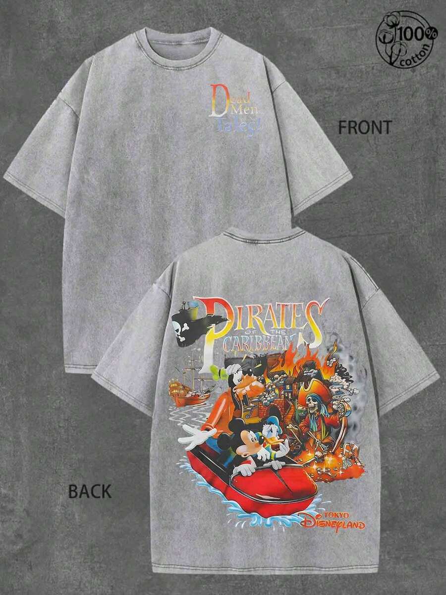 Disney UNIHLO Mickey Printed Summer Heavyweight Retro Washed Street Fashion Casual T-Shirt - 灰色 - 查看 1