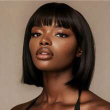 180% 密度直发蕾丝波波头假发,自然头皮真人发丝,带刘海 - 无胶 2x4 蕾丝前额,适合所有种族女性,度假风,时尚波波头 | 无胶假发,蕾丝前额假发 - Natural Black - 查看 14