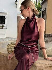 HUACAITA 优雅法式高端垂褶领露背无袖真丝缎面清凉休闲吊带背心，适合约会、派对、情人节、度假等场合，春夏款 - 酒紅色 - 查看 4