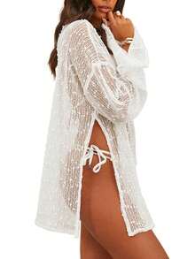 Womens Swimsuit Crochet Cover Up Sexy Boat Neck Bathing Suit Summer Long Sleev Beach Dress Coverup Bikini - 白色 - 查看 2