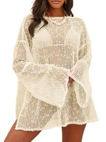 Womens Swimsuit Crochet Cover Up Sexy Boat Neck Bathing Suit Summer Long Sleev Beach Dress Coverup Bikini - Màu be - Xem 1