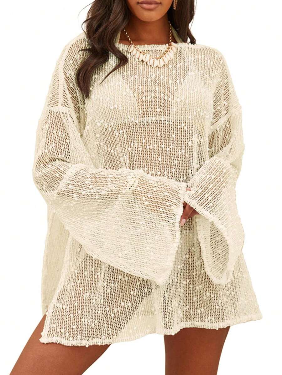 Womens Swimsuit Crochet Cover Up Sexy Boat Neck Bathing Suit Summer Long Sleev Beach Dress Coverup Bikini - Màu be - Xem 1
