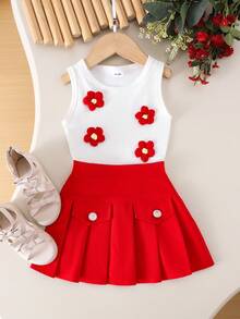 2pcs Baby Girls Cute Floral Knit White Top + Red Skirt Set, Summer Outfit - Red - View 3