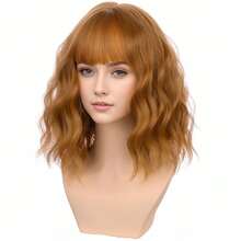 Strawberry Blonde Curly Wig With Bangs Short Wavy Synthetic Hair Wig For - Tóc vàng dâu tây - Xem 3