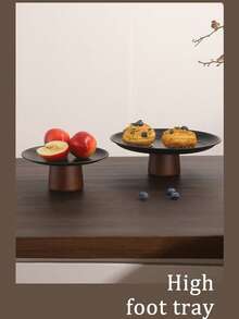 1pc Stainless Steel Tray Stand With Wooden Base, Dessert & Candy Display Plate, Multipurpose Fruit Tray, Suitable For Dining Table Decor, Home And Kitchen Serving Platter, Ideal For Eid - Black - View 8