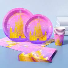 公主城堡一次性餐盘、餐巾纸、杯子套装，派对用品，可供8位客人使用，一次性纸盘，派对餐具，适合生日、婚礼、主题派对、家庭野餐等场合。 - 彩色 - 查看 3