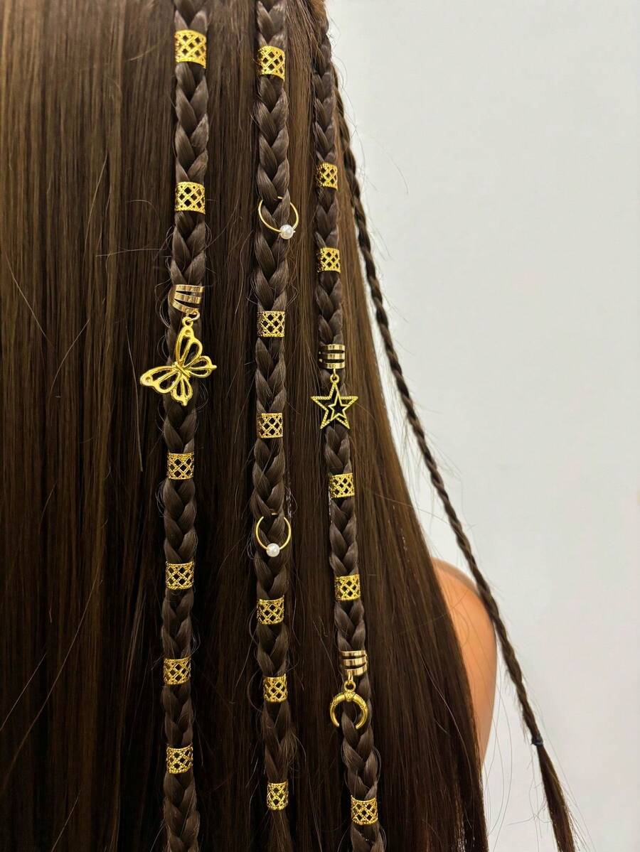 25pcs Bohemian Style Hollow Out Hair Accessories - Star, Moon, Butterfly Alloy Hair Rings - Gold - View 1
