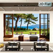 1张2D平面海景松林花园法式窗贴 | 自粘防油厨房防溅贴纸，亮面乙烯基材质，海景图案，55*100.0厘米 - 款式1 - 查看 7