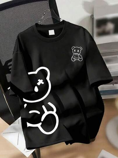 1pc Boys' Cartoon Bear Print Round Neck T-Shirt, Summer Boys' Casual T-Shirt, Soft Top, Loose Fit, Comfortable Fabric - Suitable For Spring/Summer Daily Wear, Hangouts And Outdoor Activities