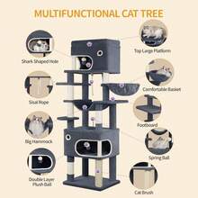 178cm Cat Tree For Indoor Cats, Multi-Layer Scratching Post With Large Platform, 2 Caves, 7 Sisal Posts, Pompoms, Cat Basket, Hammock, Suitable For Cats, Dark Gray - Màu xám đen - Xem 7