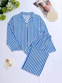Nina Bonheur Bộ đồ ngủ nữ 2 món gồm áo khoác cardigan dài tay kẻ sọc dáng rộng cài cúc và quần cạp chun, đồ mặc nhà dễ thương. - Xanh và trắng - Xem 3