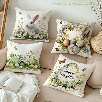 MEMNUN 4件套复活节白色和绿色雏菊兔子彩蛋汽车印花涤纶装饰抱枕套【不含枕芯】，17.7*17.7英寸（45*45厘米），【单面印花】复活节快乐祝福语春季主题抱枕套，适用于沙发、床、客厅、卧室、汽车、办公室、酒店装饰，是送给家人和朋友的完美礼物