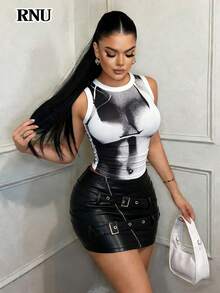 RNU Áo croptop không tay in hình 3D cơ thể người màu đen trắng dành cho nữ, phong cách Y2K, trang phục dự tiệc gợi cảm, đồ đi hộp đêm, bộ sưu tập xuân/hè mới, hẹn hò Valentine, sinh nhật, tiệc áo tắm, dạ hội tốt nghiệp, buổi hòa nhạc, kỳ nghỉ của phụ nữ, kỳ nghỉ hè. - Đen và trắng - Xem 9