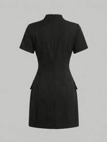 Vestido blazer elegante, casual de negócios, com cintura marcada, adequado para uso diário, escritório e deslocamentos. Preto, ideal para o verão. - Preto - Ver 11