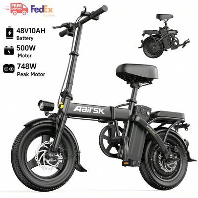 Adult Electric Bicycle, 48V10AH Battery, 500W Motor, Peak Motor 748W, Maximum Speed 20 Mph, Foldable Electric Bicycle, Easy To Carry.