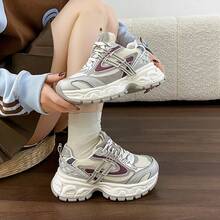 女士银色厚底运动鞋，厚底透气网面跑步鞋，2026春秋季休闲运动鞋 - 灰色 - 查看 5
