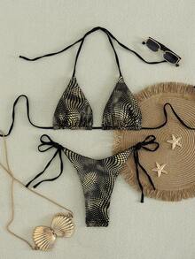 Nouveau Arrivage Ensemble Bikini Femme Imprimé à Pois Feuille d'Or Vacances Plage - Noir - Voir 1