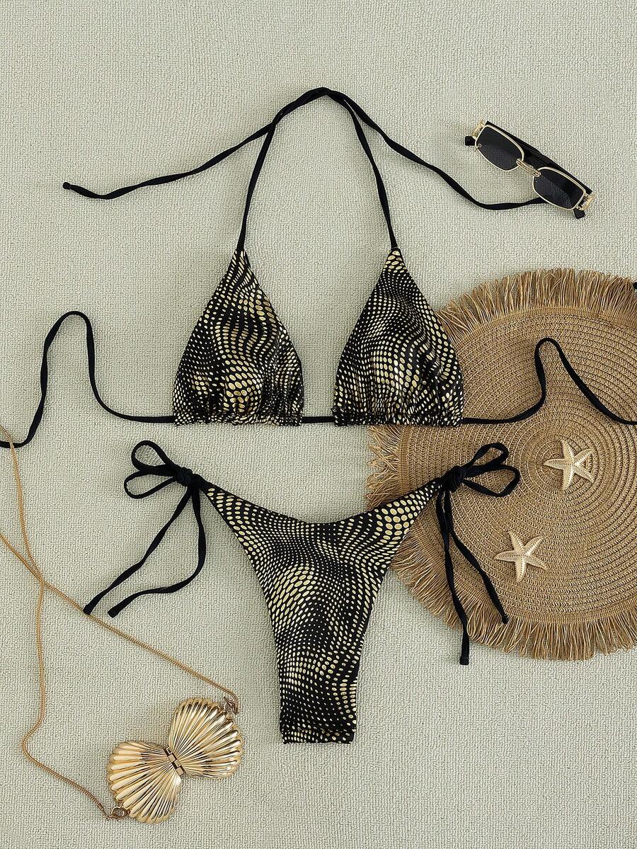Nouveau Arrivage Ensemble Bikini Femme Imprimé à Pois Feuille d'Or Vacances Plage - Noir - Voir 1