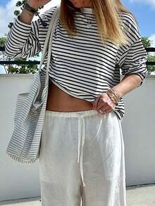 Women's Casual Top, Striped Contrast Ribbed Knit Everyday Wear, Spring/Autumn - White Black - View 8
