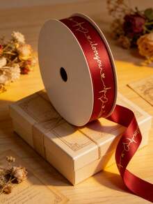 1PC Wine Red Gold Foil Print Polyester Satin Ribbon (2cm X 20m) - Decorative Glitter Taffeta Ribbon For Gift Wrapping, Bow Making, Wedding Decor, Party, Holiday, Crafting, Floral Bouquet, DIY Projects, Hair Accessories, Decoration For Bridal, Birthday, Christmas, Valentines, Event Planners, Crafters, Small Business - 紅色 - 查看 2