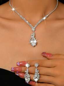 1 Set Of Stylish And Unique Heart-Shaped Necklace And Earring Set, Featuring Elegant And Glamorous Silver Pendant Studs With Diamond Accents. This Pendant Necklace And Jewelry Set Is Perfect For Women To Wear To Parties, Holidays, Dates, Anniversaries, Valentine's Day Gifts, Anniversary Gifts, Jewelry Gifts, And Everyday Gifts. - 銀色 - 查看 2