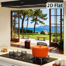 1张2D平面海景松林花园法式窗贴 | 自粘防油厨房防溅贴纸，亮面乙烯基材质，海景图案，55*100.0厘米 - 款式1 - 查看 9