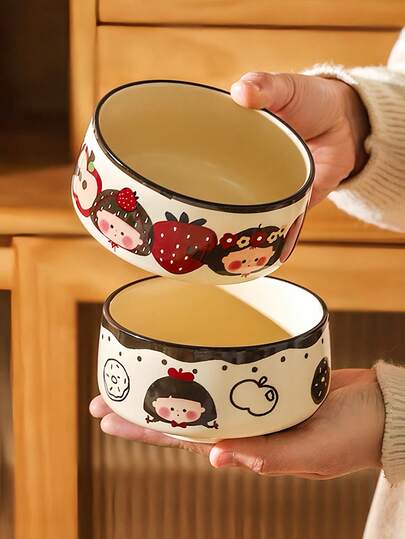 日本手绘水果少女陶瓷碗，釉下彩工艺，可作水果碗、酸奶碗、零食碗、饭碗、甜点碗，适合日常使用、家居、餐厅、下午茶、馈赠亲友、节日礼品。