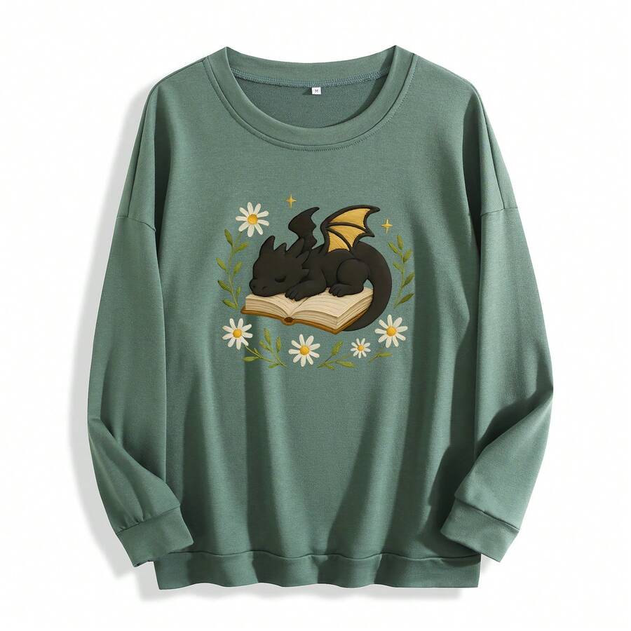 Women'S Black Fantasy Dragon On Book Graphic Sweatshirt - Cozy Pullover With Floral & Starry Night Design, Soft Round Neck Long Sleeve Casual Sweater For Book Lovers & Dragon Enthusiasts, Spring/Fall Literary Inspired Apparel, Fall Sweatshirt For Women, Fall Clothe For Women, Women' Sweatshirt, Sweater For Women, Women Fall Clothe - 軍綠色 - 查看 1