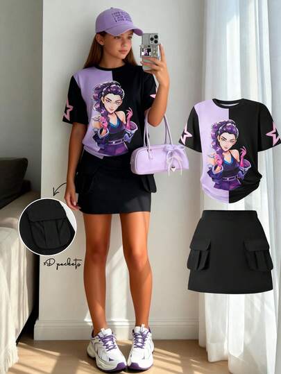 Girls' Summer 2 Pieces Set, Purple & Black Colorblock Cartoon Print Short Sleeve T-Shirt With Black Skirt