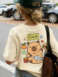 Camiseta de manga corta con cuello redondo y estampado casual para niñas preadolescentes, top de verano - Albaricoque - Ver 9