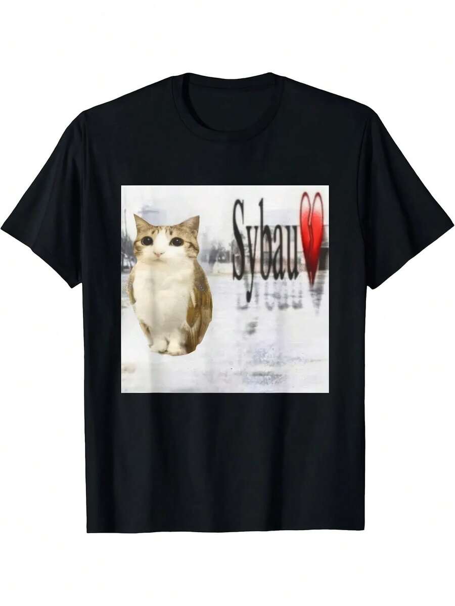 Meowl SYBAU Cat-Owl Meme T-Shirt For & - Cursed Internet Meme Print, SYBAU Slogan, Casual Short Sve Round Neck Tee, Viral Meme Shirt For Parties & Casual Attire - 黑色17 - 查看 1