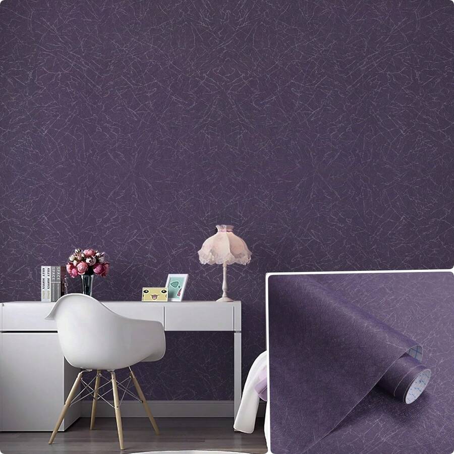 1卷紫色桑蚕丝壁纸，乙烯基自粘墙贴，易撕易贴，防水，可移除，适用于客厅、卧室、家居装修、薄膜覆盖、书桌、橱柜、装饰，尺寸：15.7英寸 x 39.3英寸/118.1英寸/196.8英寸