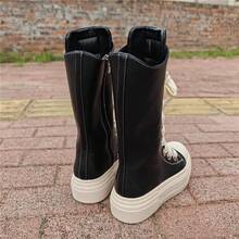 All-Season Fashion Women Black Mid-Calf Boots Thick Sole With Side Zipper Retro Lace-Up Motorcycle Boots Woman Long Booties - 黑色 - 查看 11
