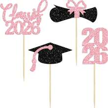 12pcs 2026 Graduation Theme Glitter Cupcake Decorations, 2026 Graduation Diploma Cap Cupcake Toppers, 2026 Graduation Party Cake Decorations, Pink - Pink - View 4